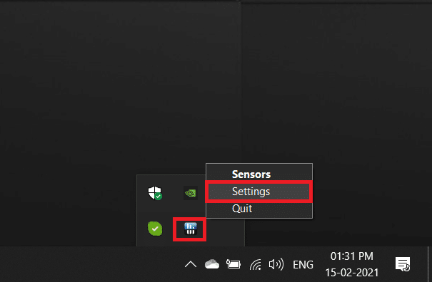 Na bandeja da barra de tarefas, clique com o botão direito do mouse no aplicativo 'HWiNFO' e selecione 'Configurações'.