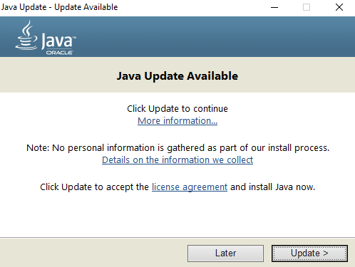 En dialogboks med Java Update tilgængelig vil åbne op | Løs problemer med Minecraft-nedbrud