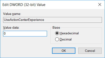 Assegna a questa chiave il nome UseActionCenterExperience e imposta il suo valore su 0