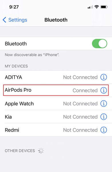 Desconecte os dispositivos Bluetooth. Corrigir AirPods tocando apenas em um ouvido