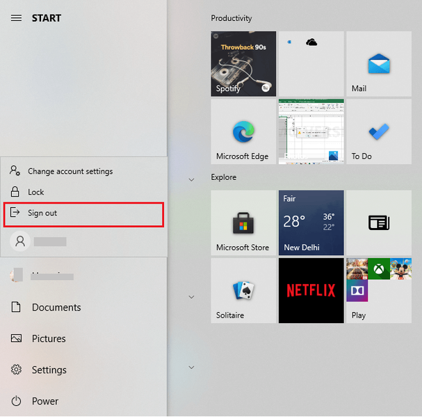 Clique no ícone do seu perfil e selecione sair | Corrigir o botão Iniciar do Windows 10 não está funcionando