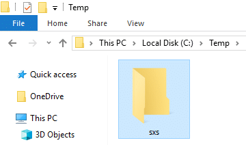 Copie a pasta sxs da fonte do Windows 10 para a pasta Temp no diretório raiz