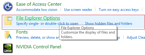 cliquez sur Options de l'Explorateur de fichiers dans Apparence et personnalisation dans le Panneau de configuration