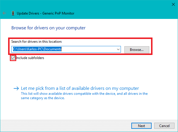 [参照]ボタンをクリックし、[サブフォルダーを含める]チェックマークをオンにします。 Windows10でデバイスドライバーを更新する方法
