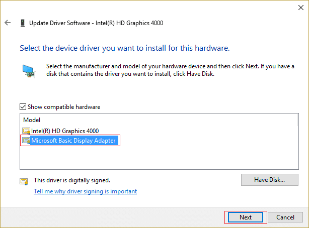 изберете Microsoft Basic Display Adapter и потоа кликнете Next