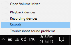 システムトレイのボリュームアイコンを右クリックし、[サウンド]、[サウンド]の順にクリックします。 Windows10でHDMIサウンドが機能しない問題を修正