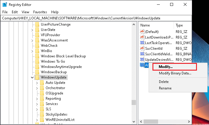作成したレジストリを右クリックして、[変更]オプションを選択します。 Windowsメディア作成ツールが機能しない問題を修正する方法