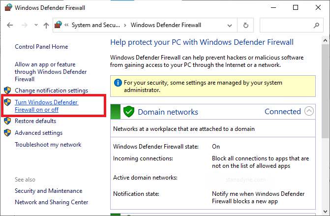 Saiki, pilih opsi Aktifake utawa mateni Windows Defender Firewall ing menu kiwa