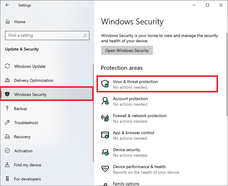 [保護領域]で[ウイルスと脅威の保護]オプションを選択します。 Windowsメディア作成ツールが機能しない問題を修正する方法