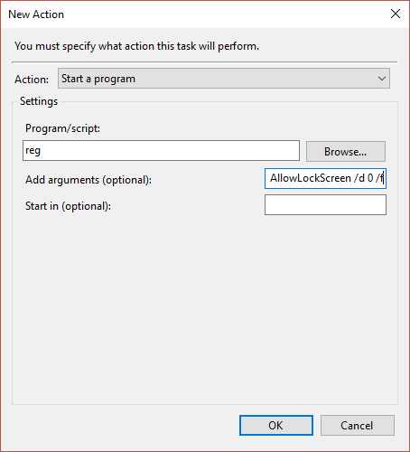 [アクション]ドロップダウンでプログラムをそのまま開始し、[プログラム]または[スクリプト]で[regを追加]を選択します。 Windows10で画面のロックを無効にする[ガイド]
