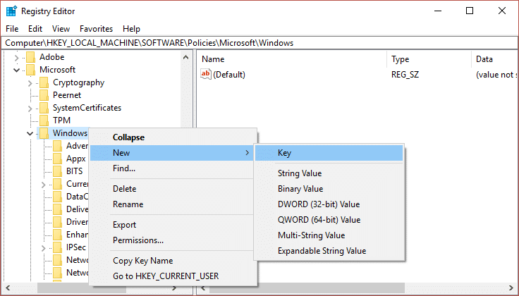 Kliknite desnim tasterom miša na Windows, a zatim izaberite Novo, a zatim kliknite Ključ i nazovite ovaj ključ kao Personalizacija | Onemogućite zaključani ekran u Windows 10 [VODIČ]