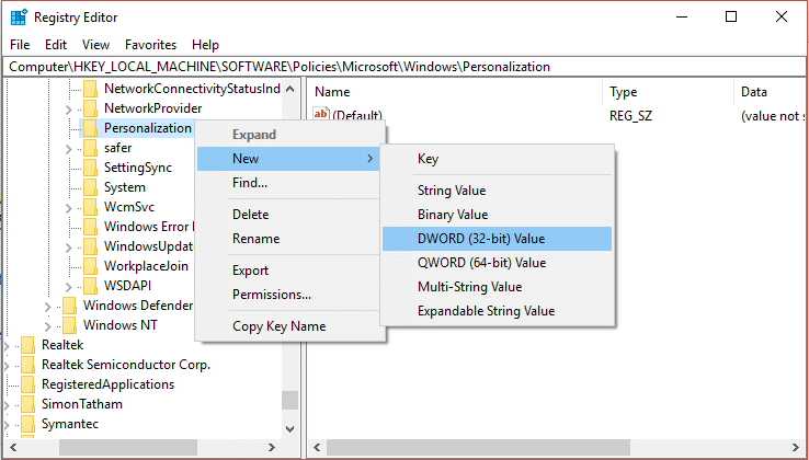 Sada kliknite desnim tasterom miša na Personalization i izaberite New, a zatim kliknite na DWORD (32-bit) vrednost