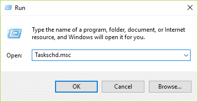 Windowsキー+Rを押してから、Taskschd.mscと入力し、Enterキーを押してタスクスケジューラを開きます