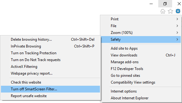 Nas configurações do Internet Explorer, vá para Segurança e clique em Desativar Filtro SmartScreen