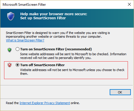 Onu söndürmək üçün seçim altında SmartScreen Filterini Söndürün seçin