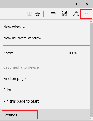 3つのドットをクリックしてから、MicrosoftEdgeの設定をクリックします| Windows10でSmartScreenフィルターを無効にする