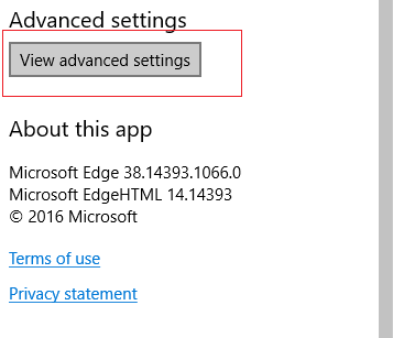 Clique em Exibir configurações avançadas no Microsoft Edge