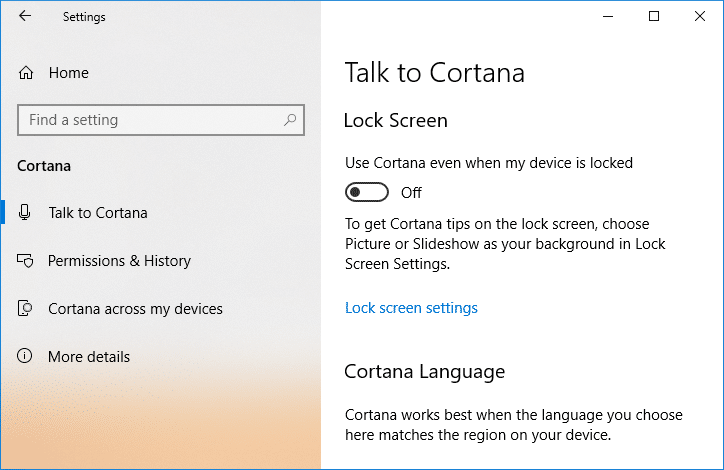 Desative ou desative a alternância para Usar Cortana mesmo quando meu dispositivo estiver bloqueado