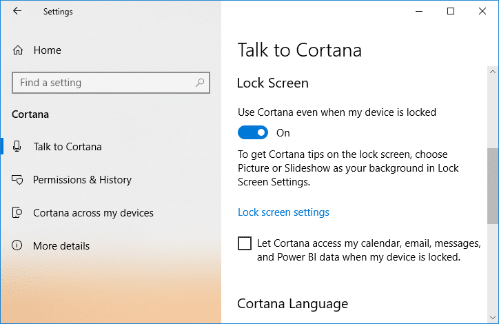 Ative ou ative a alternância para Usar Cortana mesmo quando meu dispositivo estiver bloqueado