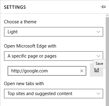 Lebetkeun URL di handapeun Buka Microsoft Edge sareng pastikeun anjeun parantos milih halaman atanapi halaman khusus