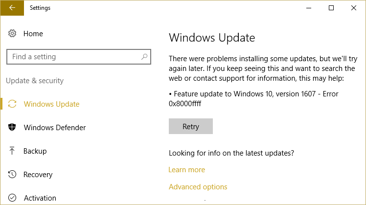 Fix Windows 10 Errore di l'aghjurnamentu 0x8000ffff
