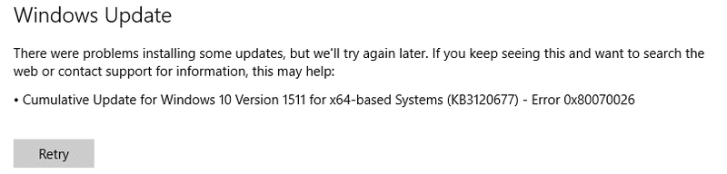 Corrigir o erro de atualização do Windows 0x80070026