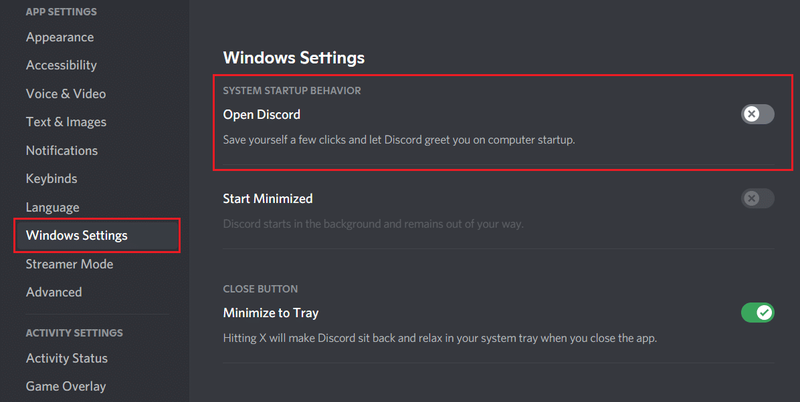 Desabilitar a execução automática do Discord na inicialização do Windows usando as configurações do Discord