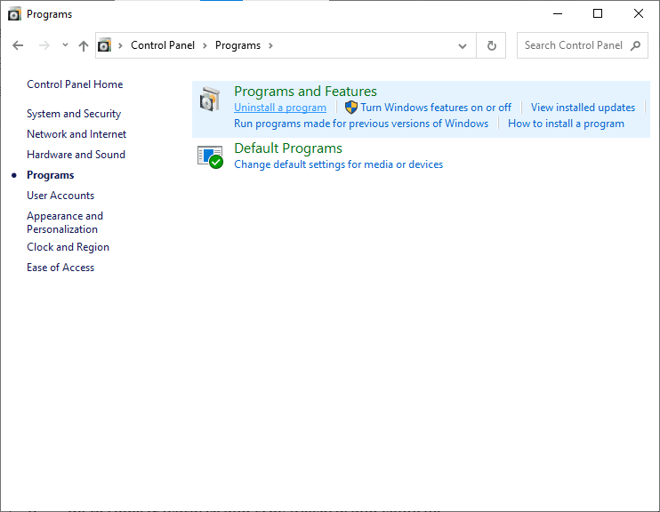 [プログラム]、[プログラムと機能]の順に移動します| Windows10でDiscordを完全にアンインストールする方法