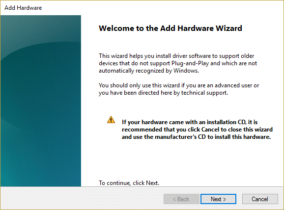 klik volgende in welkom om hardeware-assistent by te voeg | Maak geen klank reg op Windows 10