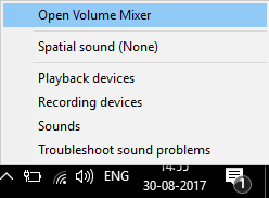Cliccate nant'à l'icona Volume è selezziunate Open Volume Mixer