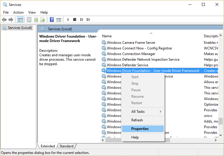 Klik met de rechtermuisknop op Windows Driver Foundation - User-mode Driver Framework-service en selecteer Eigenschappen