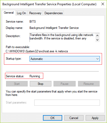 Provjerite je li BITS postavljen na Automatic i kliknite na Start ako usluga nije pokrenuta | Popravi Windows 10 neće preuzeti ili instalirati ažuriranja