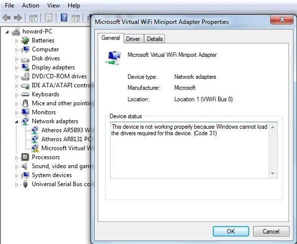 Problema no driver do adaptador de miniporta Wifi Virtual da Microsoft (código de erro 31)