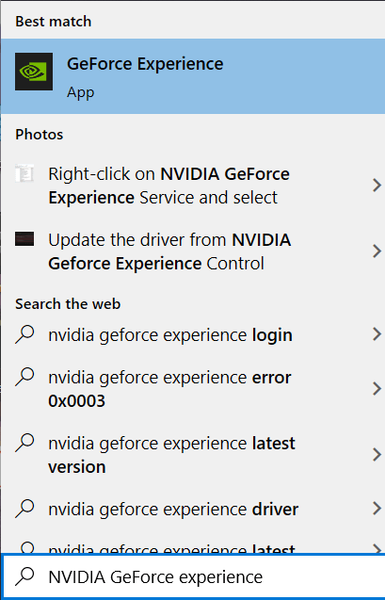 Windows検索ボックスでNVIDIAGeForceExperienceを検索します