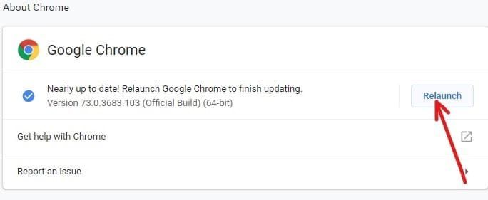 Chromeがアップデートのダウンロードとインストールを完了したら、[再起動]ボタンをクリックします
