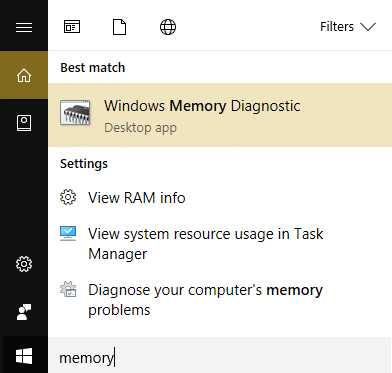 zadejte paměť do vyhledávání ve Windows a klikněte na Diagnostiku paměti Windows