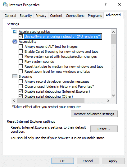 segno di spunta usa il rendering del software invece del rendering della GPU Internet Explorer