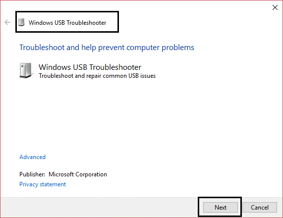 Solucionador de problemas de USB do Windows