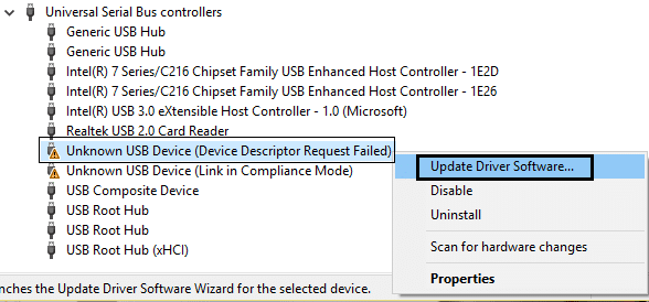 Corrigir o software do driver de atualização do dispositivo USB não reconhecido