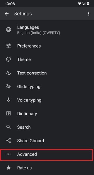 I indstillingsmenuen i Google Board skal du trykke på 'Avanceret.' | Sådan sletter du lærte ord fra dit tastatur på Android