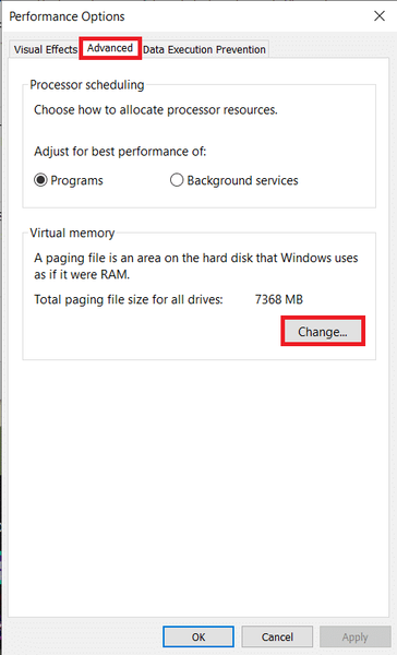 Clique em Alterar… na seção Memória Virtual da guia Avançado | Como liberar RAM no seu PC com Windows 10