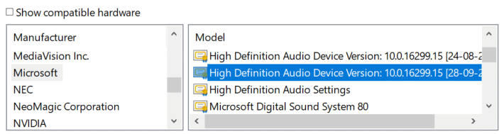 Seleziona il driver Microsoft (dispositivo audio ad alta definizione)