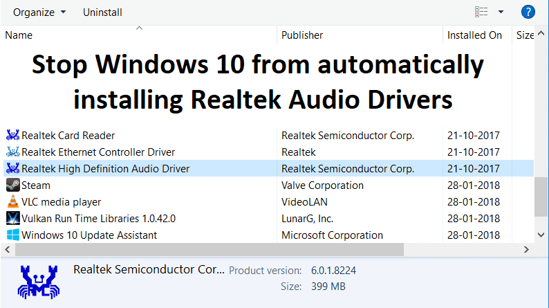 Impedisci a Windows 10 di installare automaticamente i driver Realtek Audio