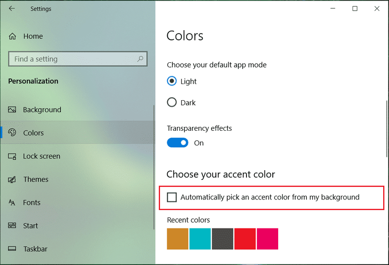 Décochez Choisir automatiquement une couleur d'accent de mon arrière-plan | Changer la couleur du menu Démarrer, de la barre des tâches, du centre d'action et de la barre de titre dans Windows 10