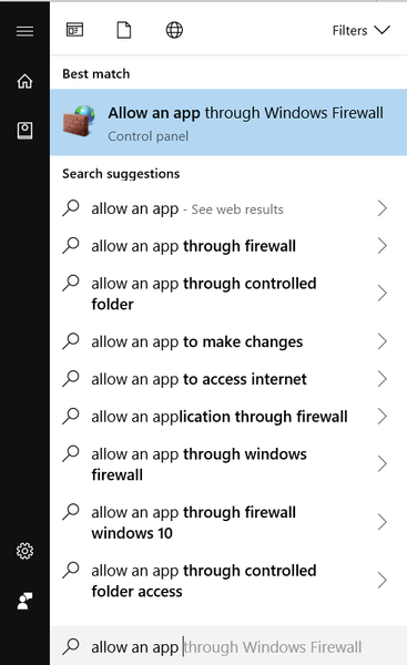 Digite permitir um aplicativo através do firewall do Windows na pesquisa do menu Iniciar