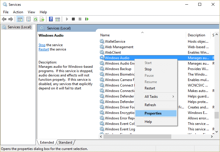 Windows Audio Services üzərinə sağ vurun və Xüsusiyyətlər seçin