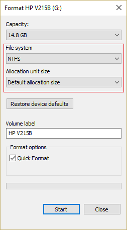 stel lêerstelsel op NTFS en in Toekenningseenheidgrootte kies Verstektoewysingsgrootte