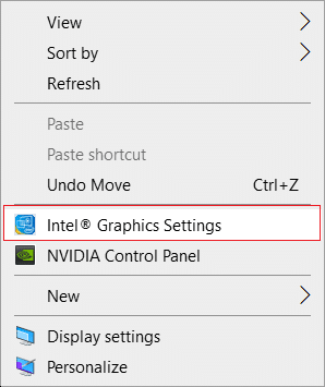 Clique com o botão direito do mouse em uma área vazia da área de trabalho e selecione Configurações de gráficos Intel