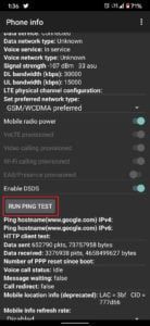 Tik in het telefooninformatiemenu op ping-test uitvoeren | Repareer mobiel netwerk niet beschikbaar voor telefoongesprekken