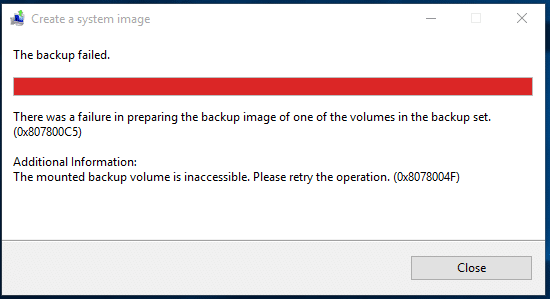 Fix Windows Backup hà fiascatu cù errore 0x807800C5